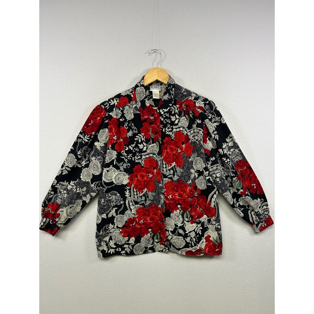 Koret Petites Floral Grandma Core Women 10P Black Red Rose Button Down Shirt